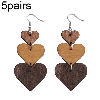 5pairs Wooden Carved Heart Shape Stitching Long Earrings(1) - Stud Earrings & Earrings by PMC Jewellery | Online Shopping South Africa | PMC Jewellery