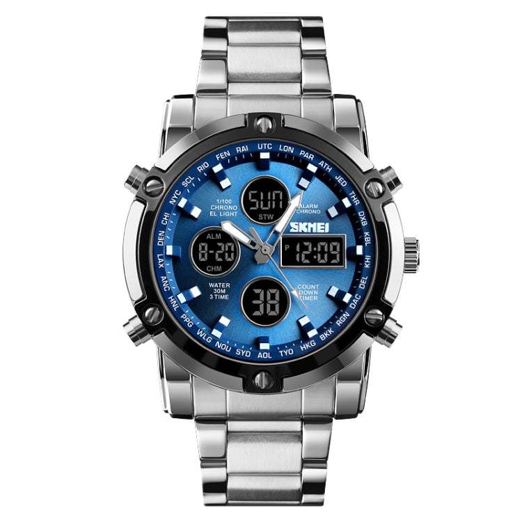 SKMEI 1389 Multifunctional Men Business Digital Watch 30m Waterproof Large Dial Wrist Watch with Stainless Steel Watchband (Blue) - Metal Strap Watches by SKMEI | Online Shopping South Africa | PMC Jewellery | Buy Now Pay Later Mobicred