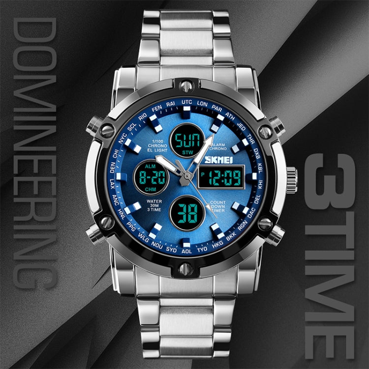 SKMEI 1389 Multifunctional Men Business Digital Watch 30m Waterproof Large Dial Wrist Watch with Stainless Steel Watchband (Blue) - Metal Strap Watches by SKMEI | Online Shopping South Africa | PMC Jewellery | Buy Now Pay Later Mobicred